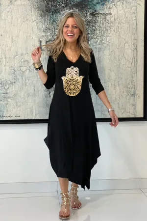 Long Sleeves Total Comfort Dress - Black/Gold Hamsa
