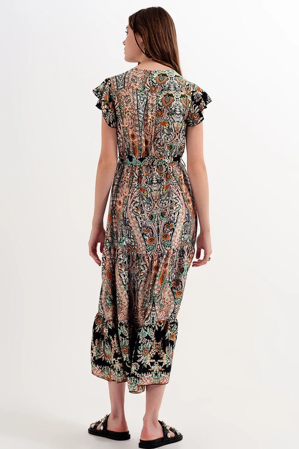 Maxi Dress With Tiered Skirt In Mixed Paisely Print