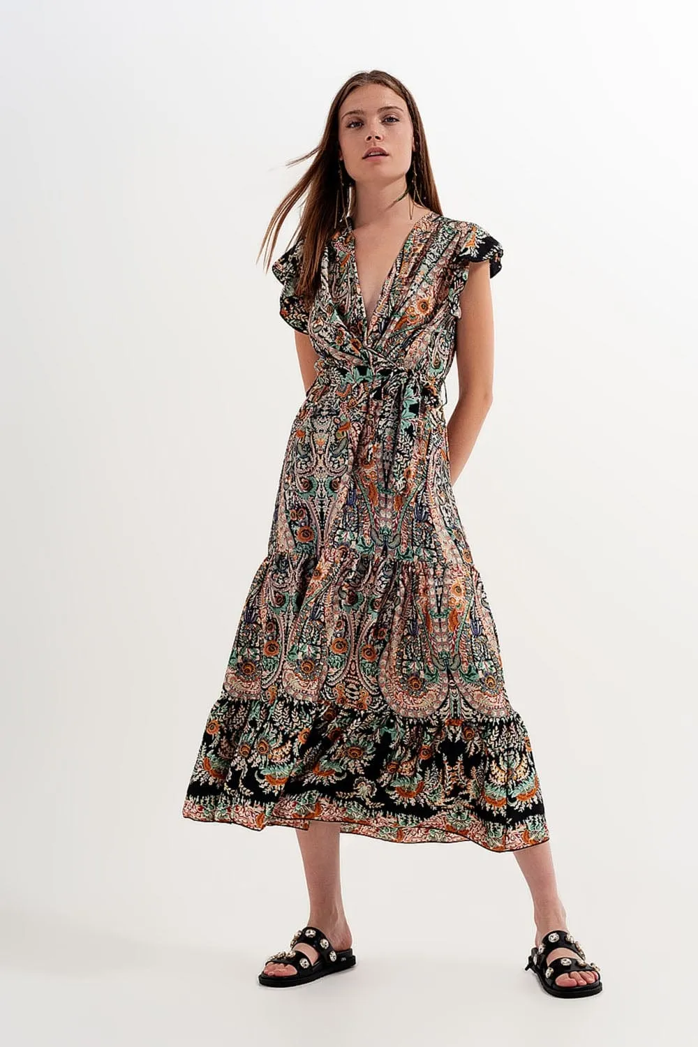Maxi Dress With Tiered Skirt In Mixed Paisely Print