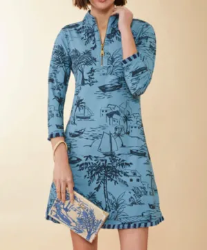 Nora Half-Zip Fringe Dress Clara Seascape Bluestone - Spartina