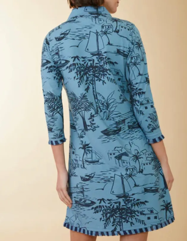 Nora Half-Zip Fringe Dress Clara Seascape Bluestone - Spartina