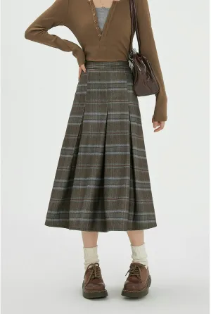 Plaid Pleated Midi Skirt with Pockets