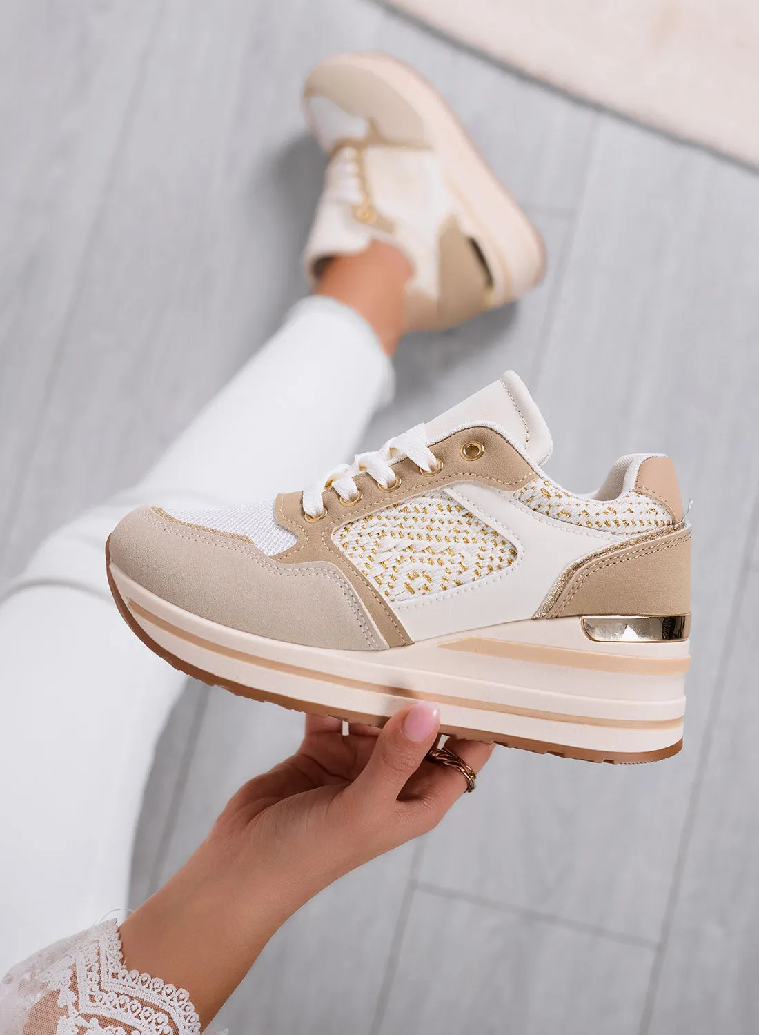 SELLY - Beige Sneakers with Wedge and Embroidered Details