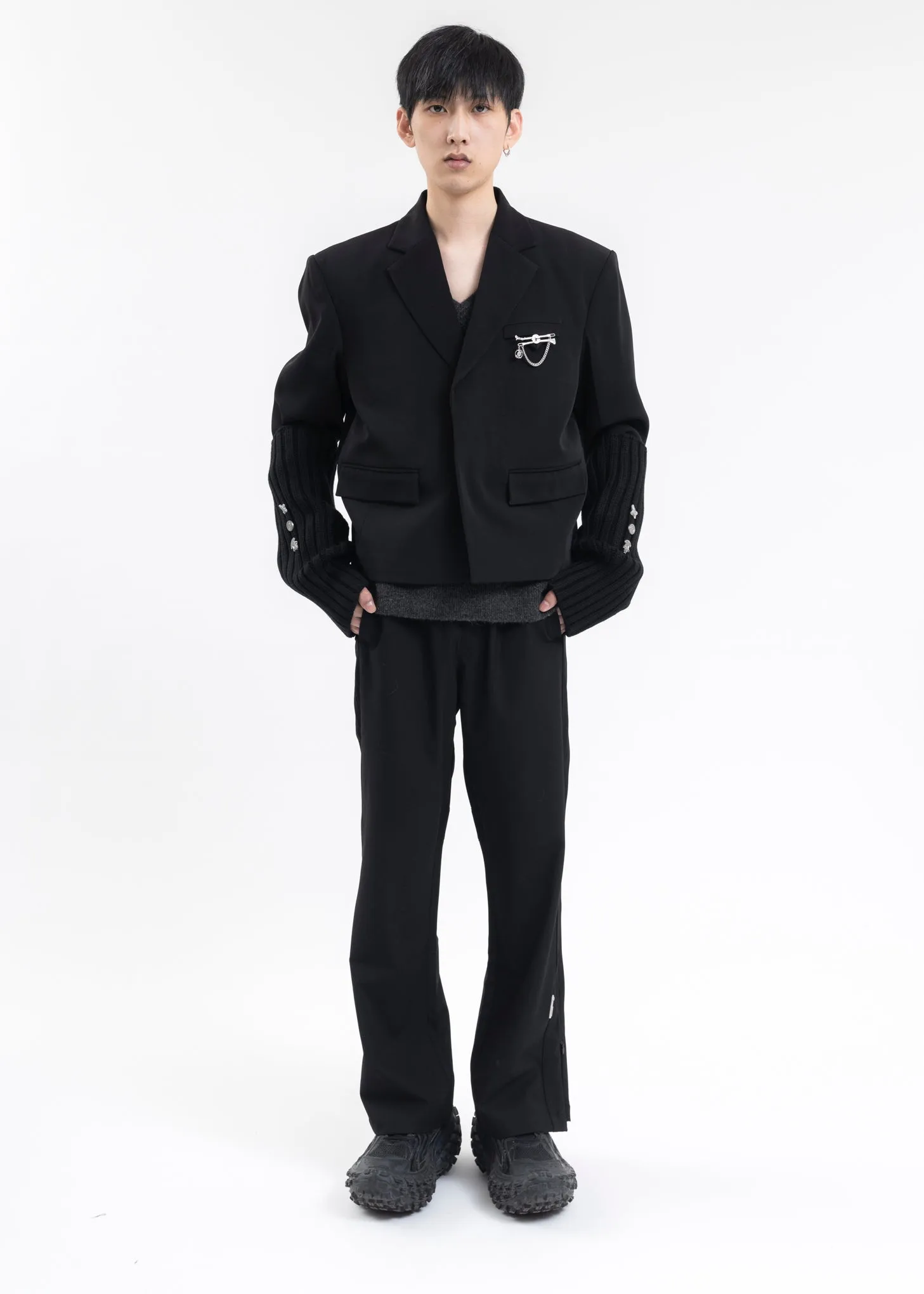 SOLEMN BLACK STREAMLINE PANELLED TAILORED TRACK PANTS