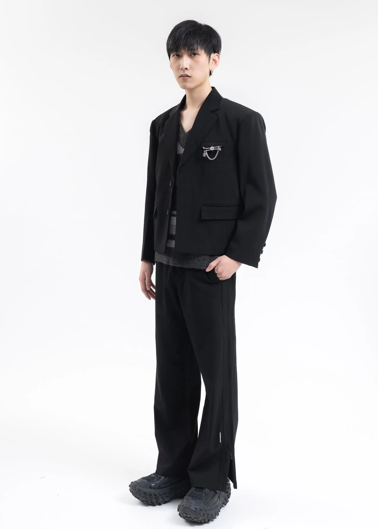 SOLEMN BLACK STREAMLINE PANELLED TAILORED TRACK PANTS