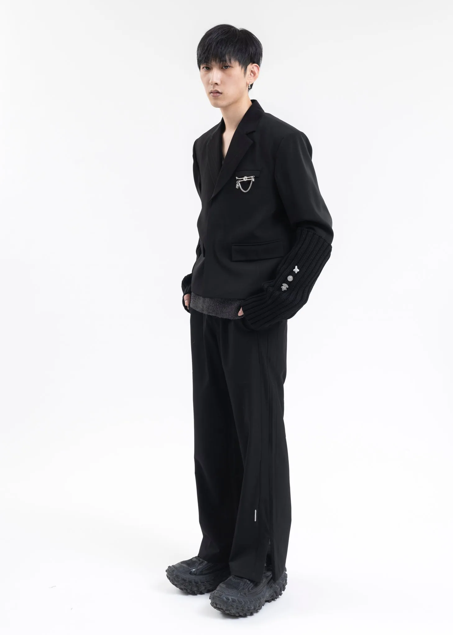 SOLEMN BLACK STREAMLINE PANELLED TAILORED TRACK PANTS