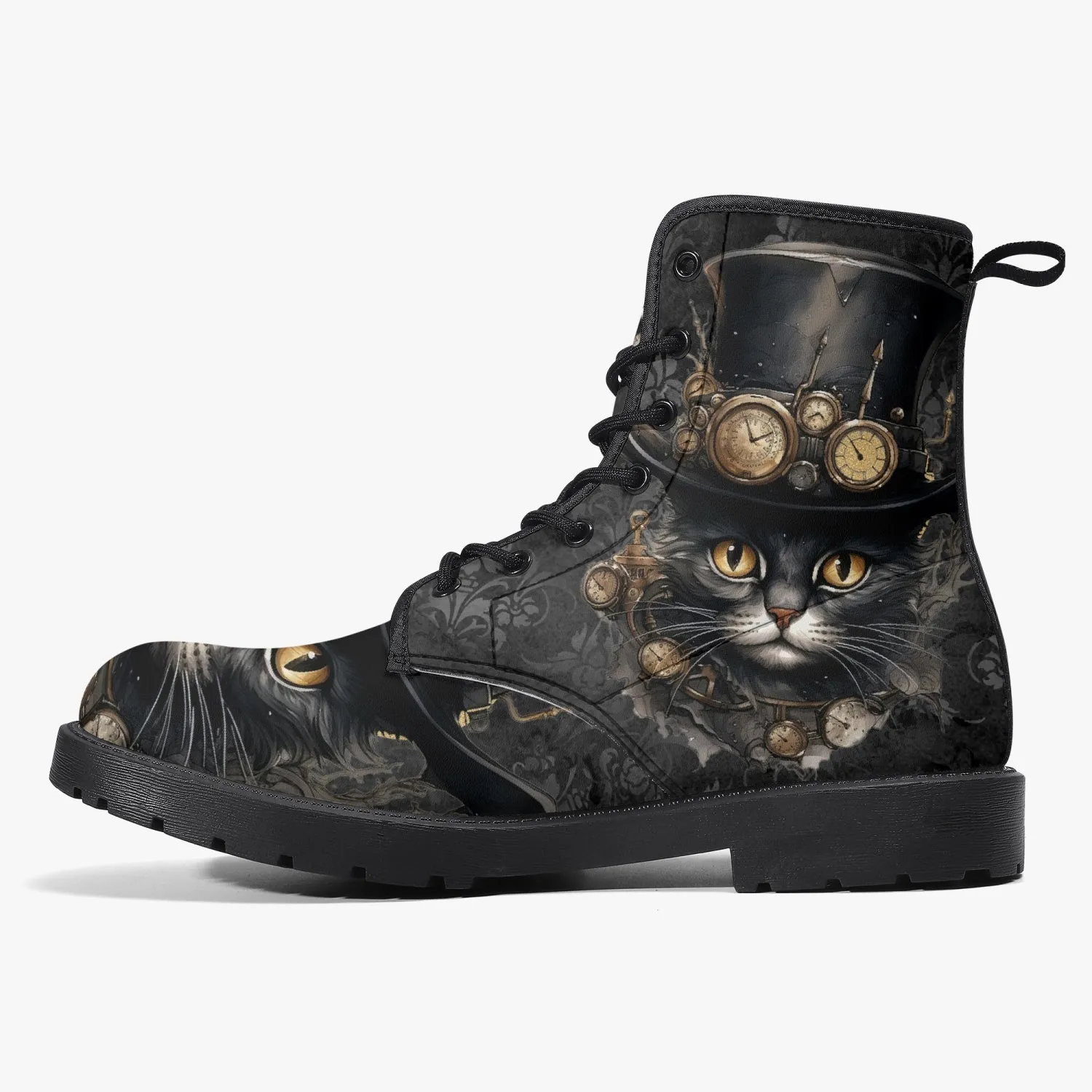 Steampunk Cat Black Combat Boots - Steamcat with Top Hat and Goggles (JPREGBC)