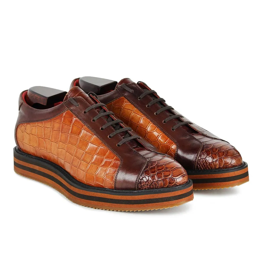 Tan Croco   Python Mirror Glossed Patina Platform Sneakers