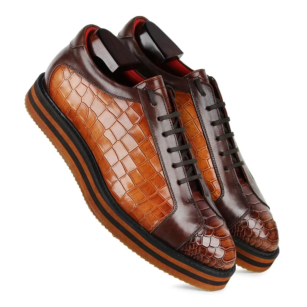 Tan Croco   Python Mirror Glossed Patina Platform Sneakers