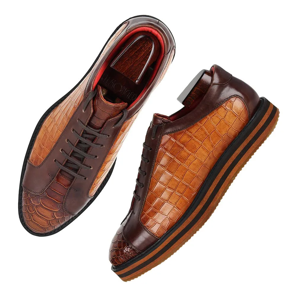 Tan Croco   Python Mirror Glossed Patina Platform Sneakers