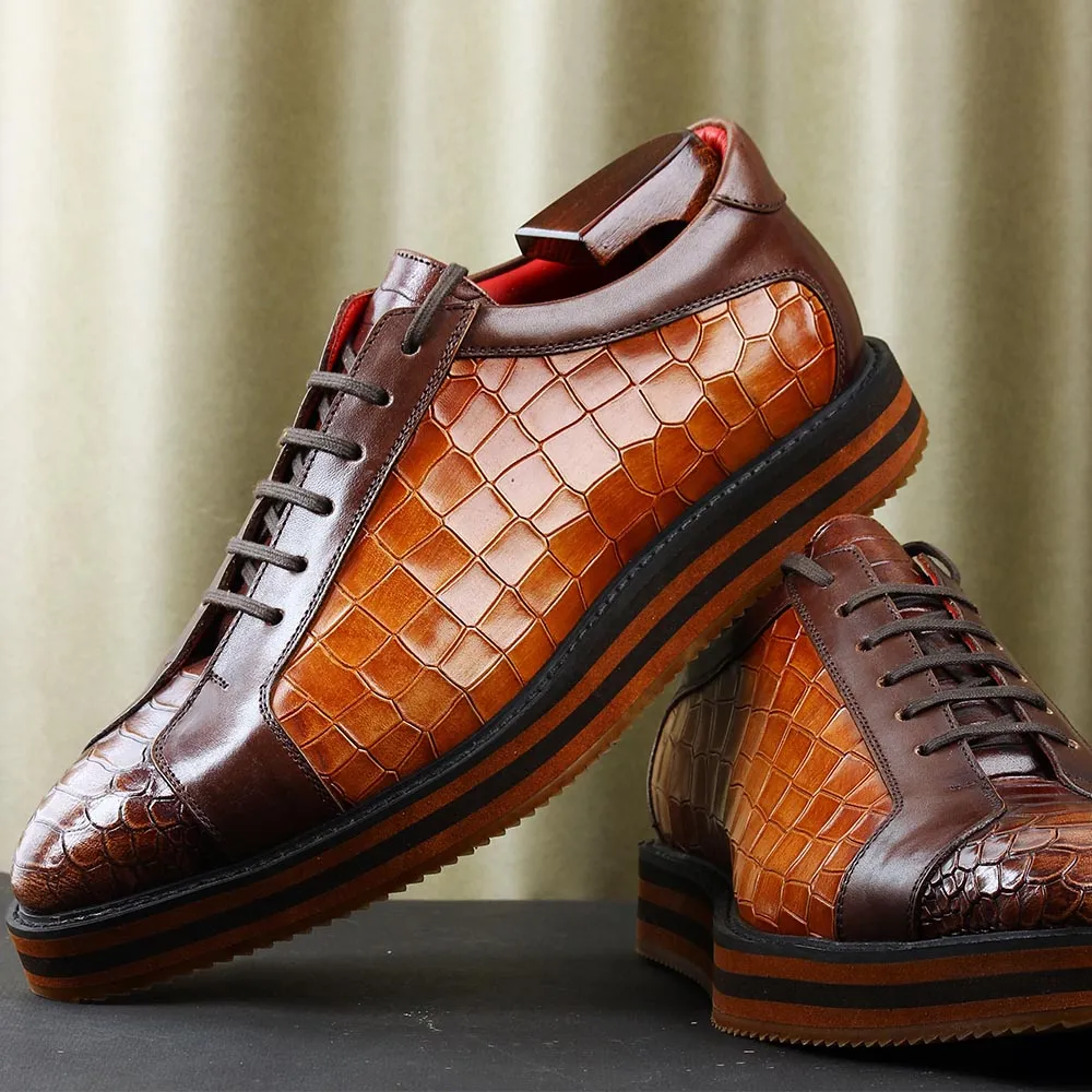 Tan Croco   Python Mirror Glossed Patina Platform Sneakers