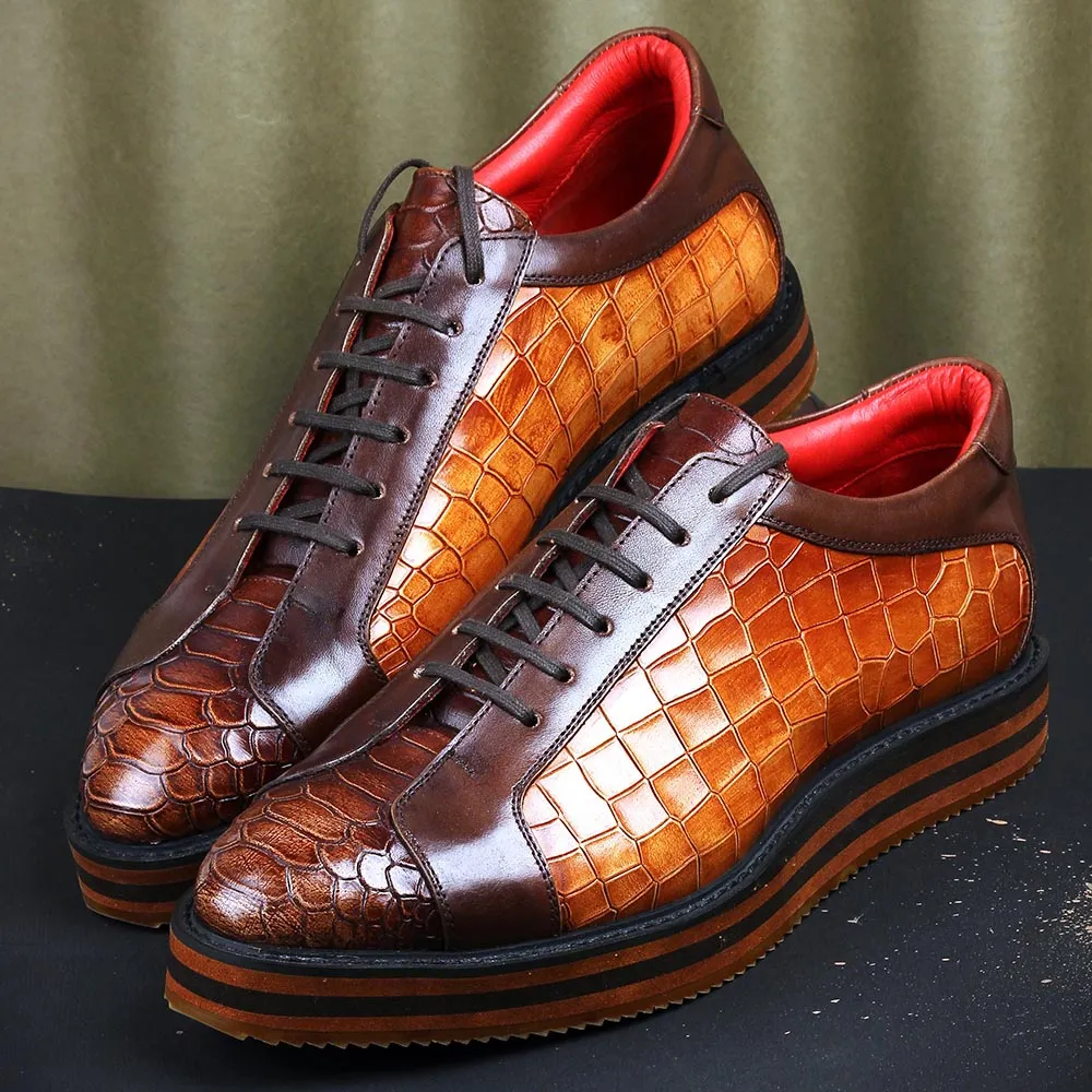 Tan Croco   Python Mirror Glossed Patina Platform Sneakers