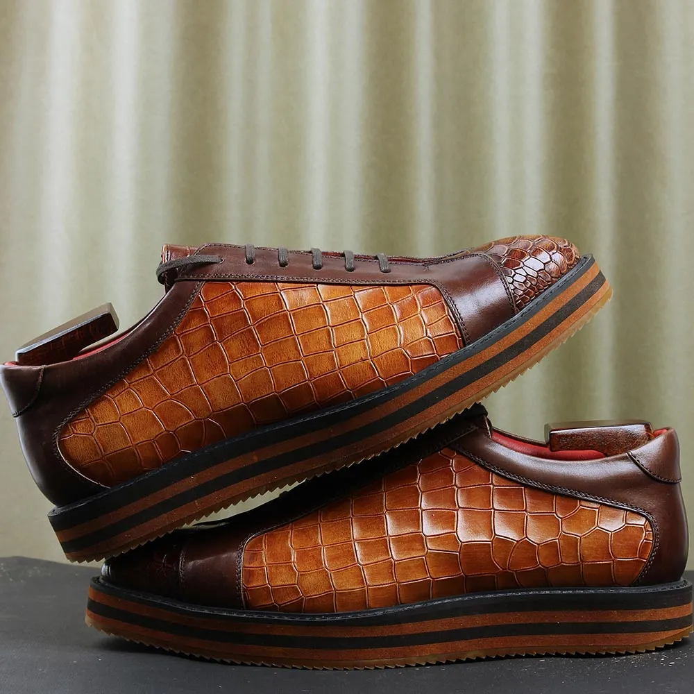Tan Croco   Python Mirror Glossed Patina Platform Sneakers