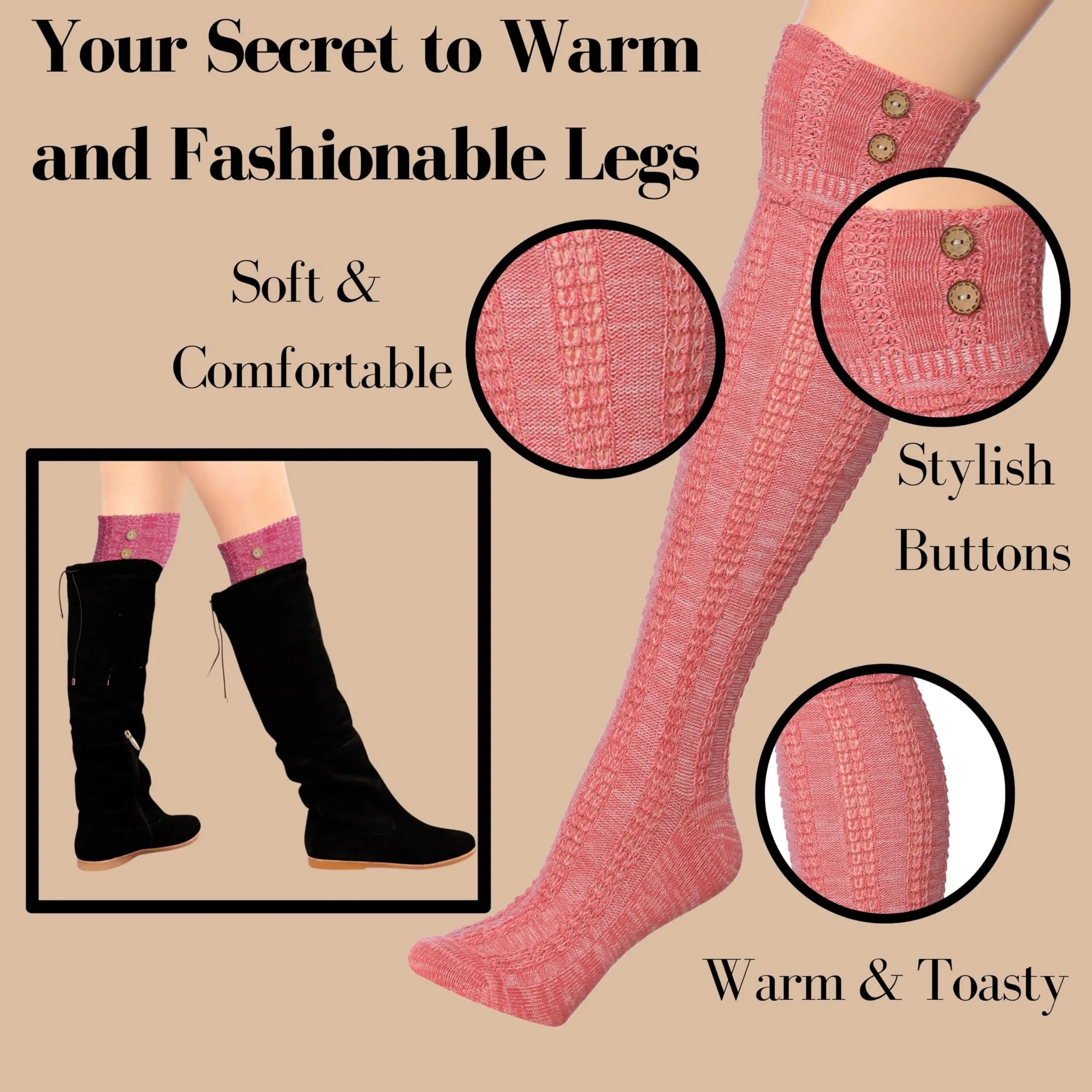 Tipi Toe Women's 3-Pairs Winter Warm Fashion With Buttons Comfortable