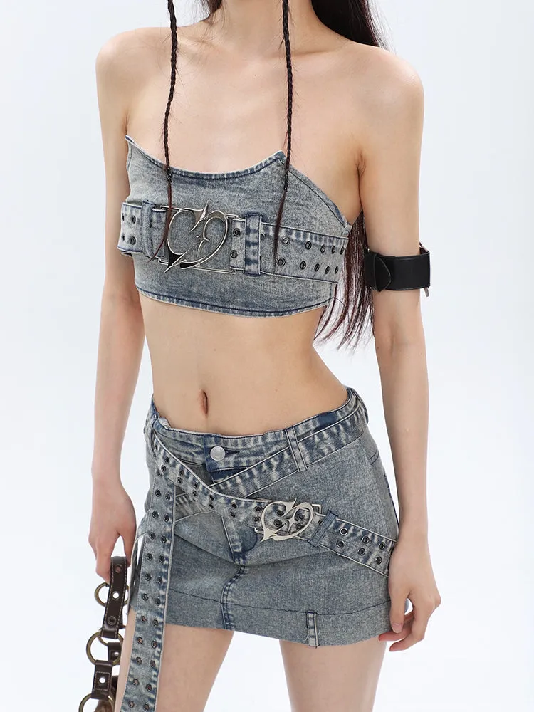 Tube Top with Buckle and Multi Strap Denim Mini Skirt Two-Piece Set