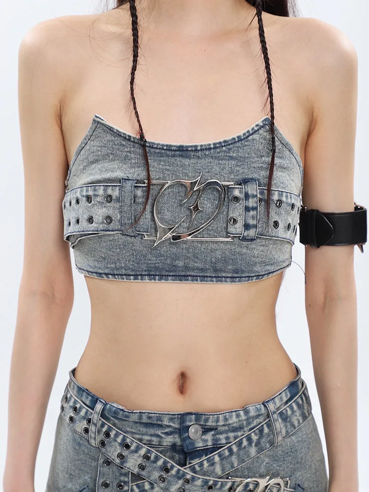 Tube Top with Buckle and Multi Strap Denim Mini Skirt Two-Piece Set