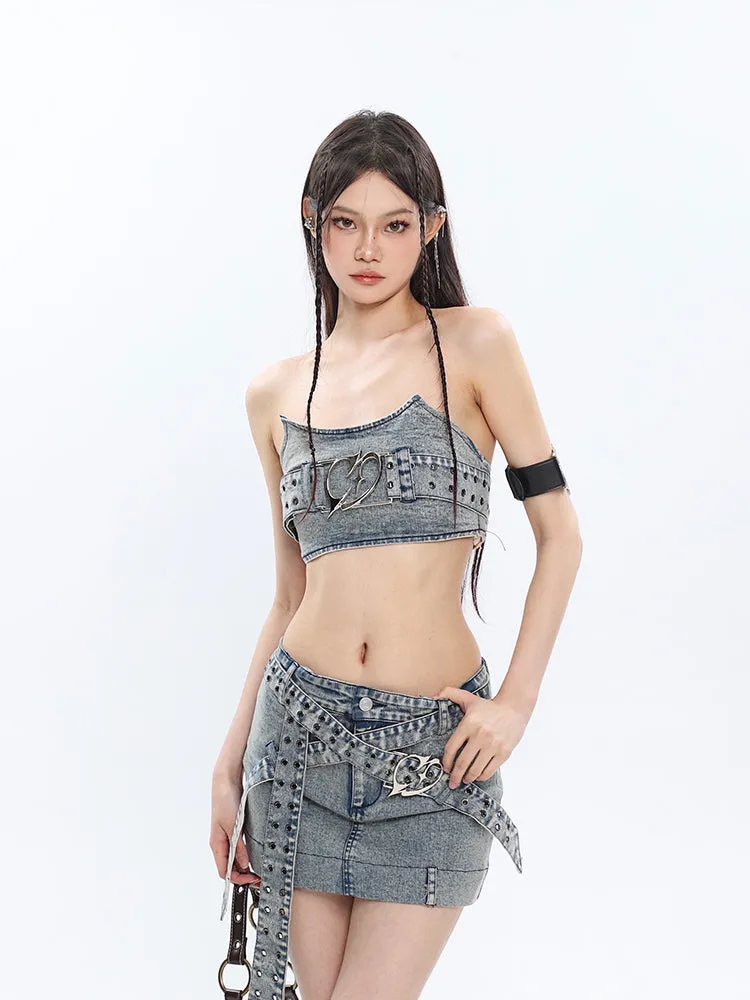 Tube Top with Buckle and Multi Strap Denim Mini Skirt Two-Piece Set