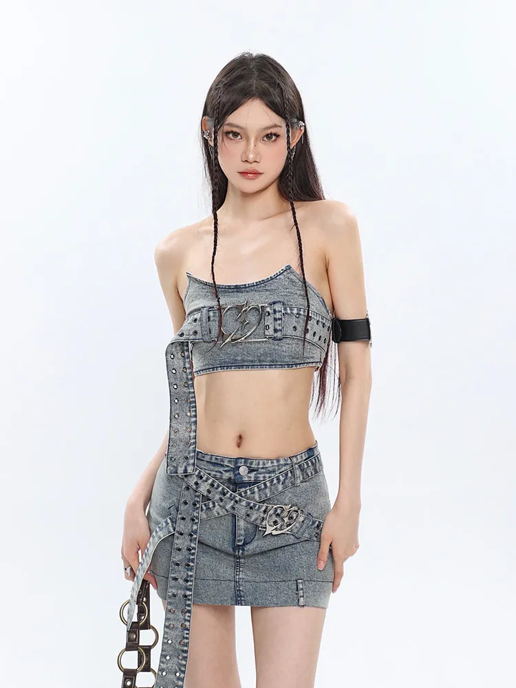 Tube Top with Buckle and Multi Strap Denim Mini Skirt Two-Piece Set
