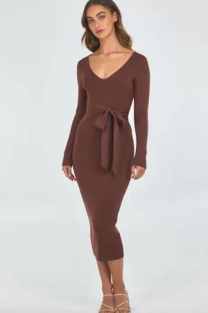 V-Neck Fitted Knit Dress - Chocolate
