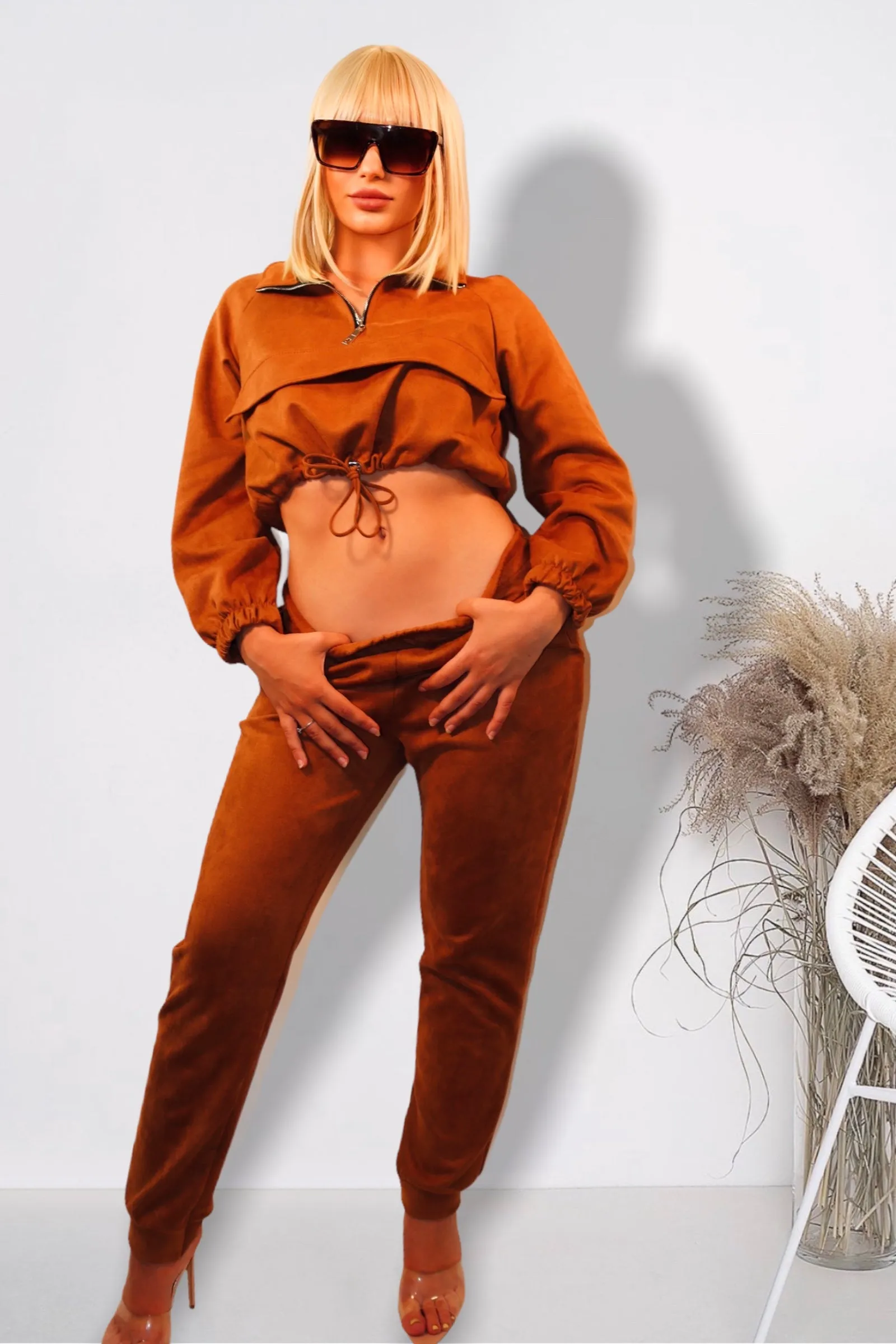 Velour Zip Front Co-Ord & Joggers Set (Rust)