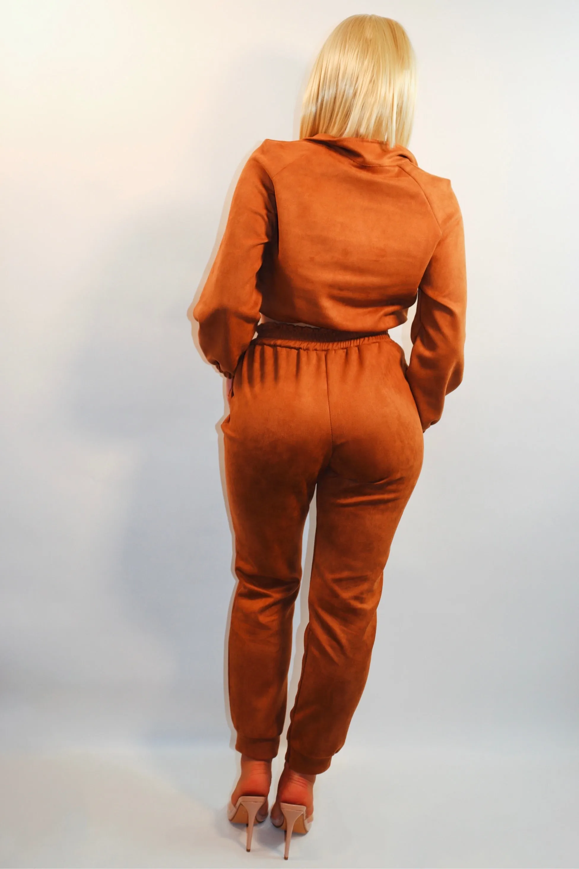 Velour Zip Front Co-Ord & Joggers Set (Rust)