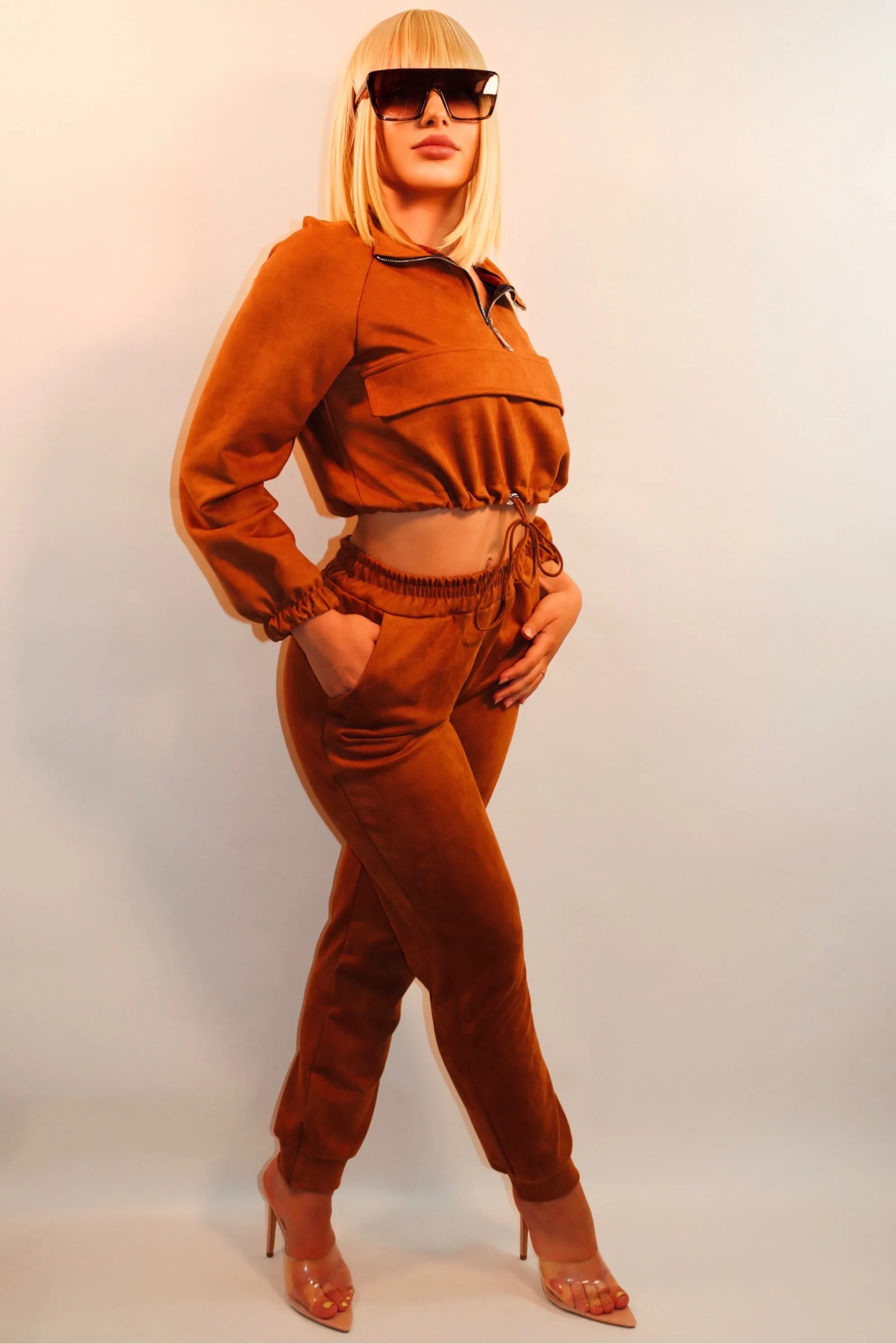 Velour Zip Front Co-Ord & Joggers Set (Rust)