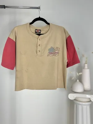 VINTAGE TAN COLORBLOCK CROPPED HARLEY DAVIDSON HENLEY T-SHIRT