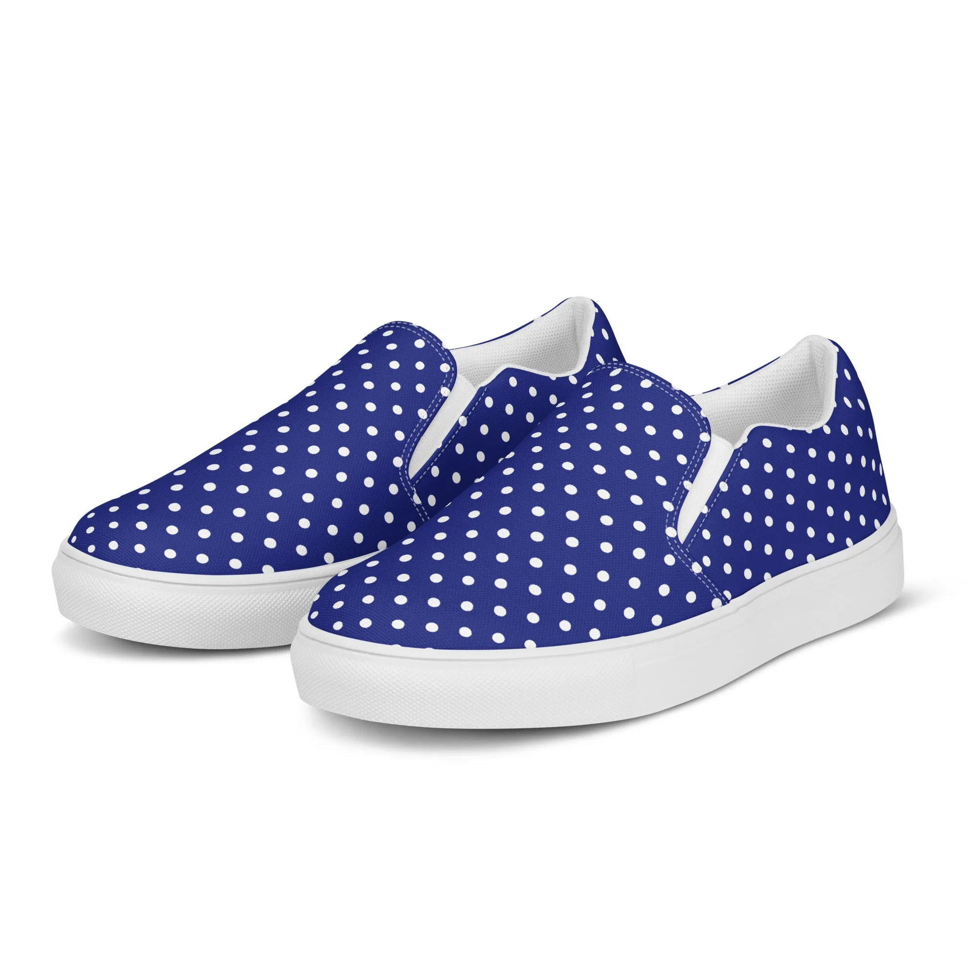 Women’s Navy Blue slip-on canvas shoes with White Polka Dots, Summer Cruising Shoes