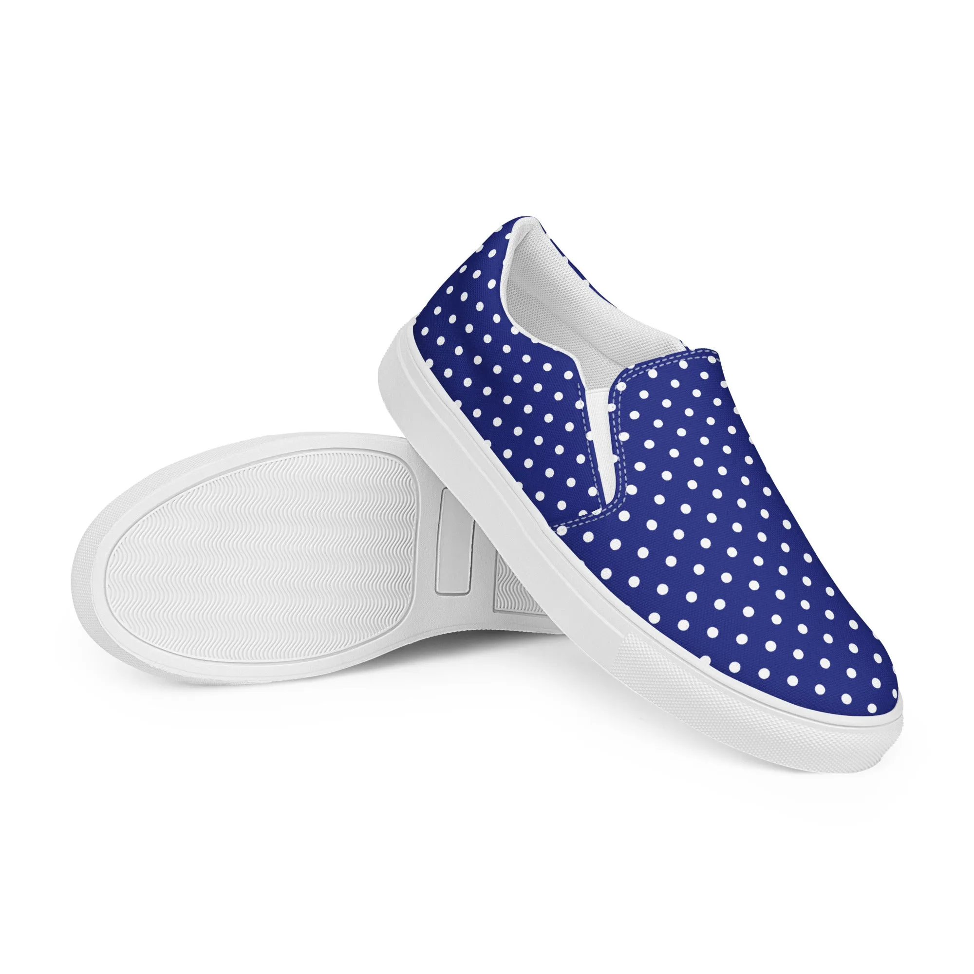 Women’s Navy Blue slip-on canvas shoes with White Polka Dots, Summer Cruising Shoes