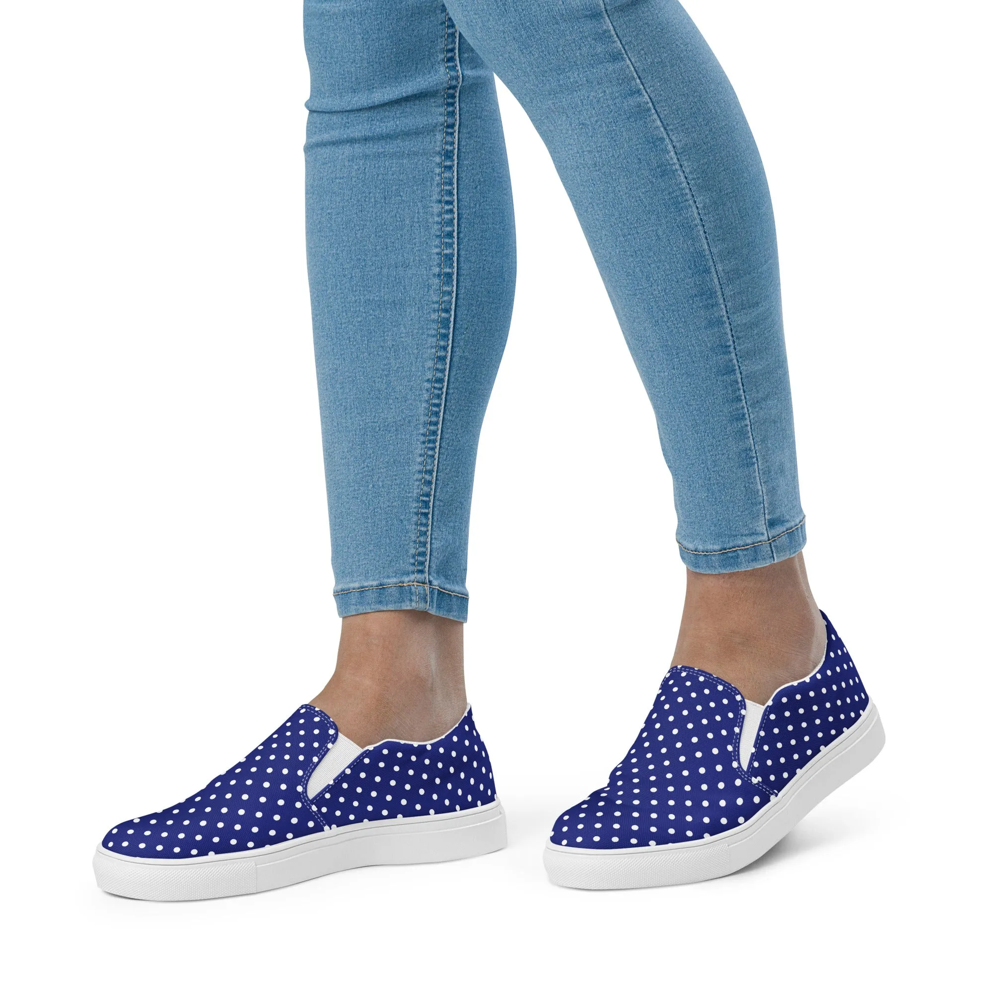 Women’s Navy Blue slip-on canvas shoes with White Polka Dots, Summer Cruising Shoes