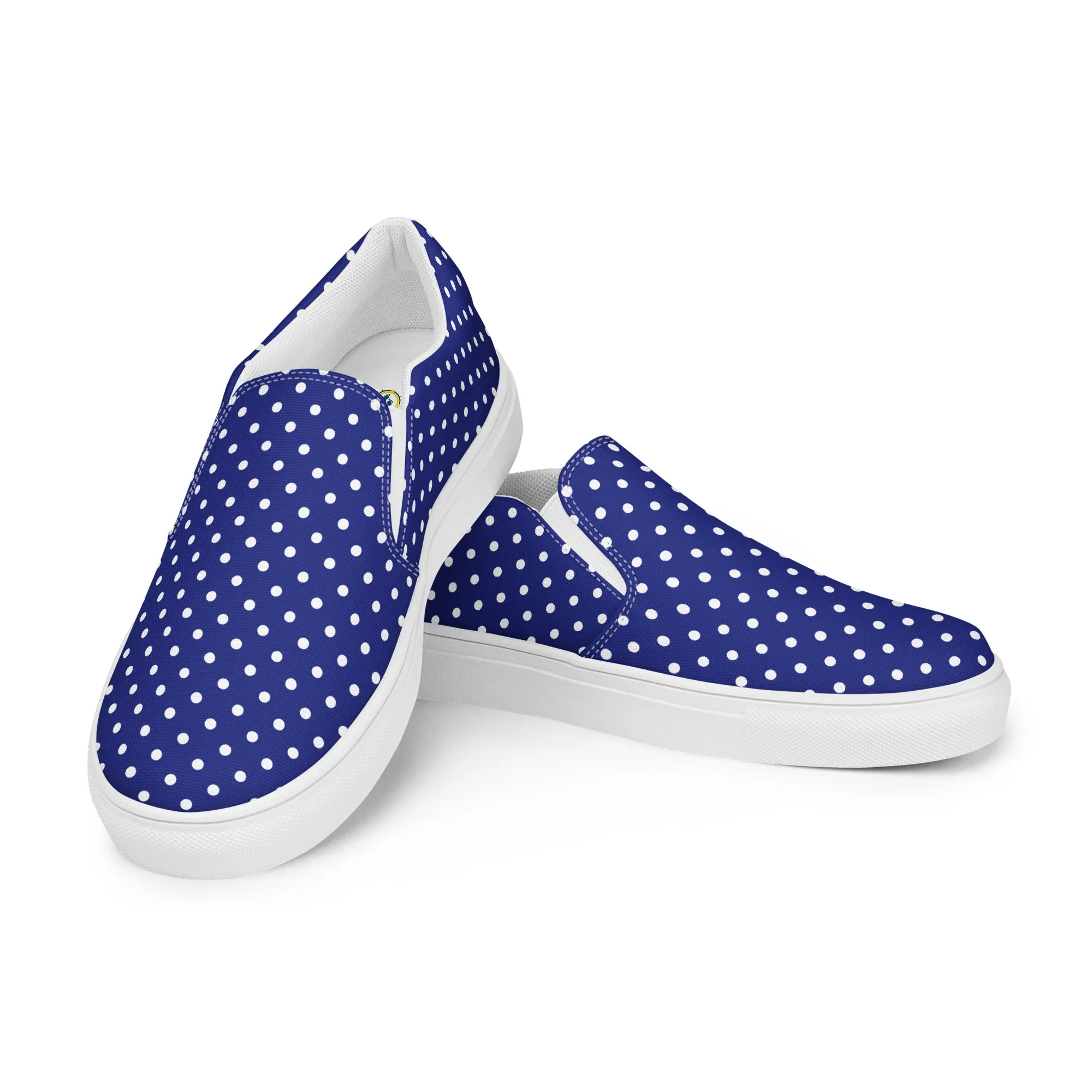 Women’s Navy Blue slip-on canvas shoes with White Polka Dots, Summer Cruising Shoes