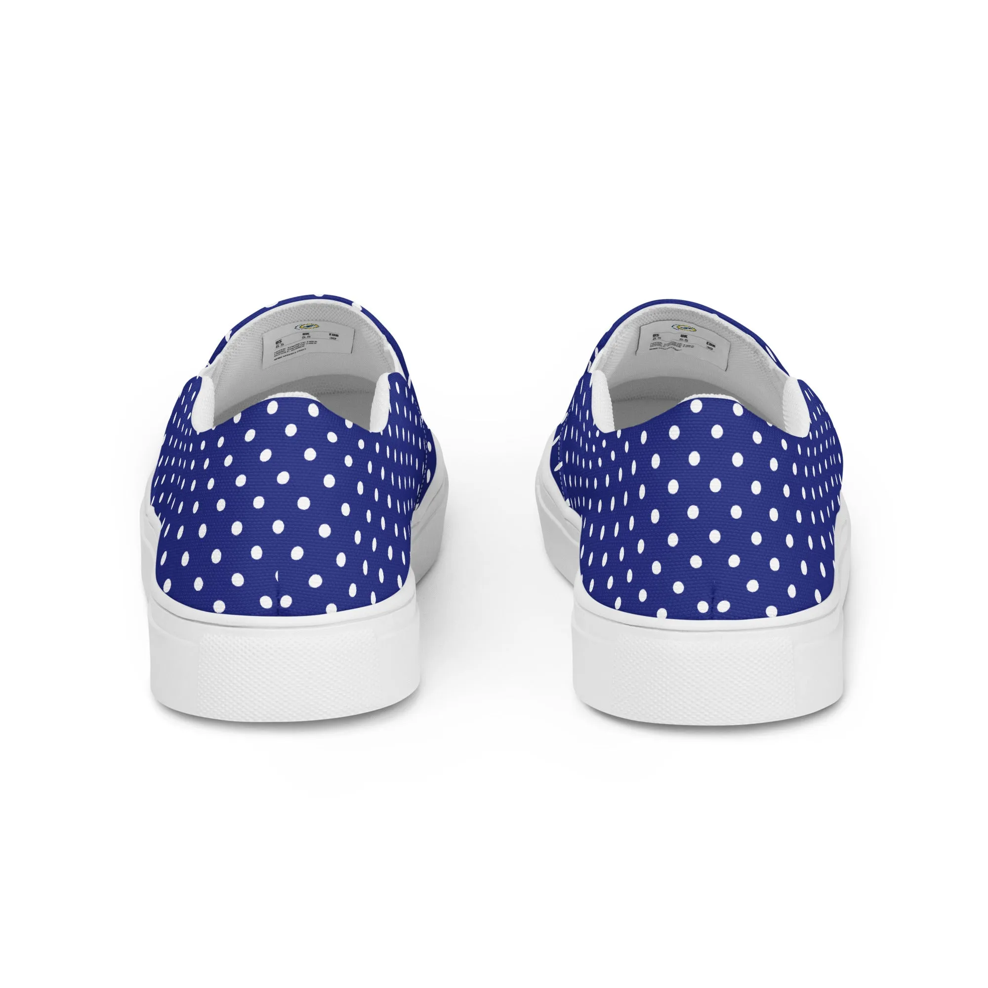 Women’s Navy Blue slip-on canvas shoes with White Polka Dots, Summer Cruising Shoes