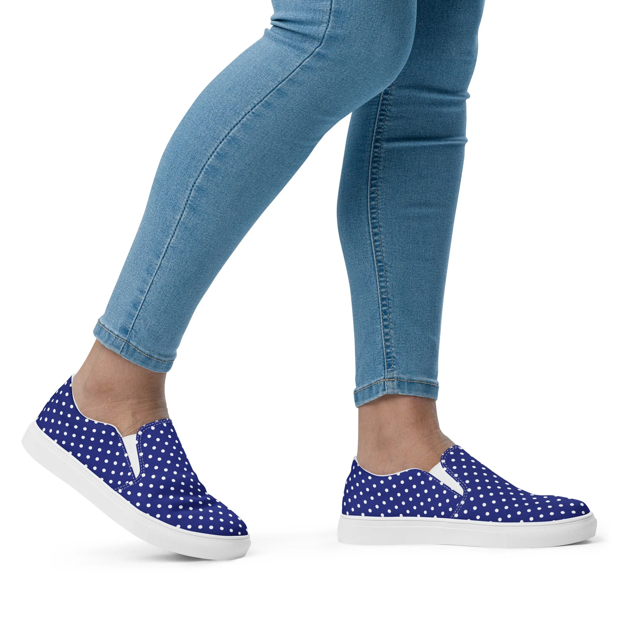 Women’s Navy Blue slip-on canvas shoes with White Polka Dots, Summer Cruising Shoes