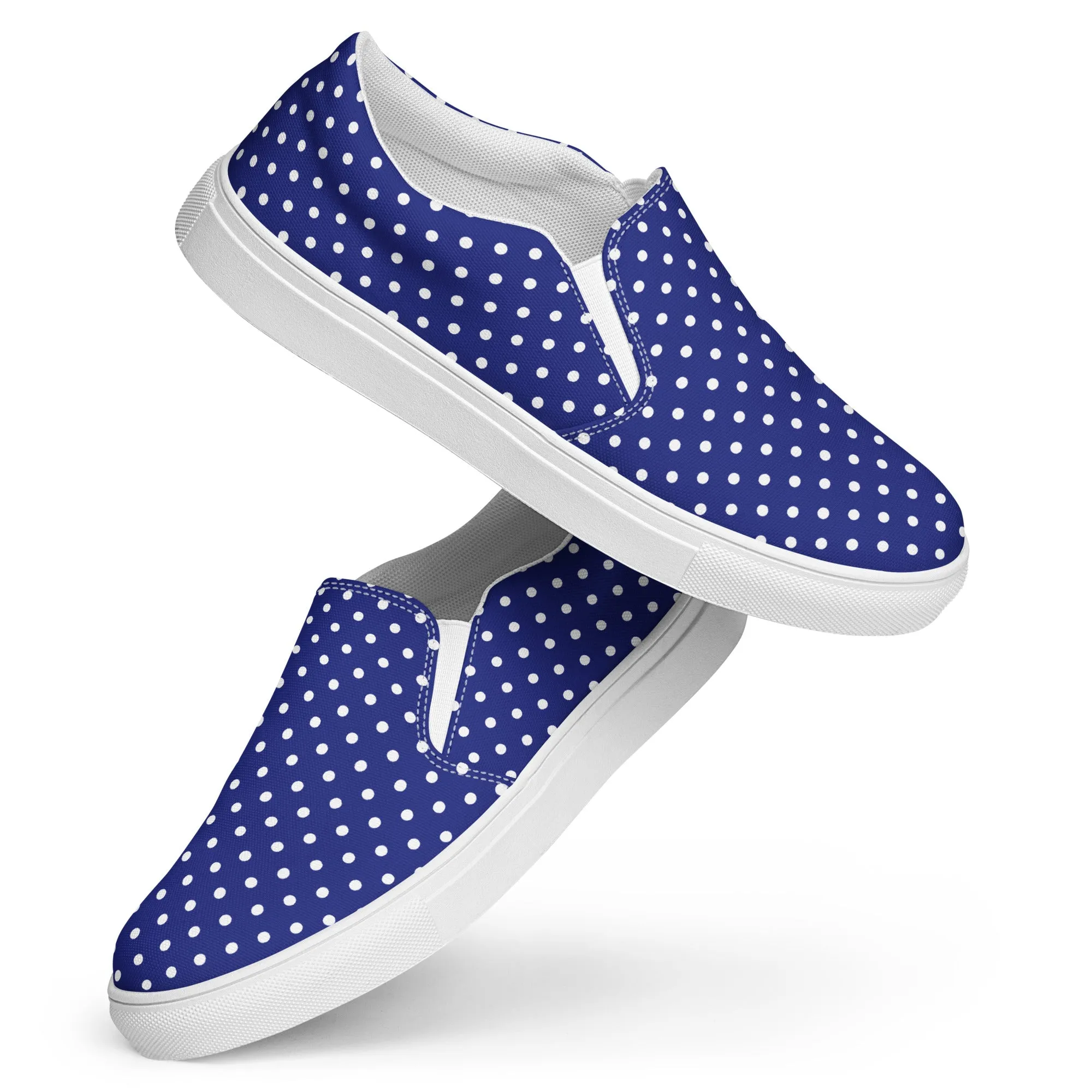 Women’s Navy Blue slip-on canvas shoes with White Polka Dots, Summer Cruising Shoes