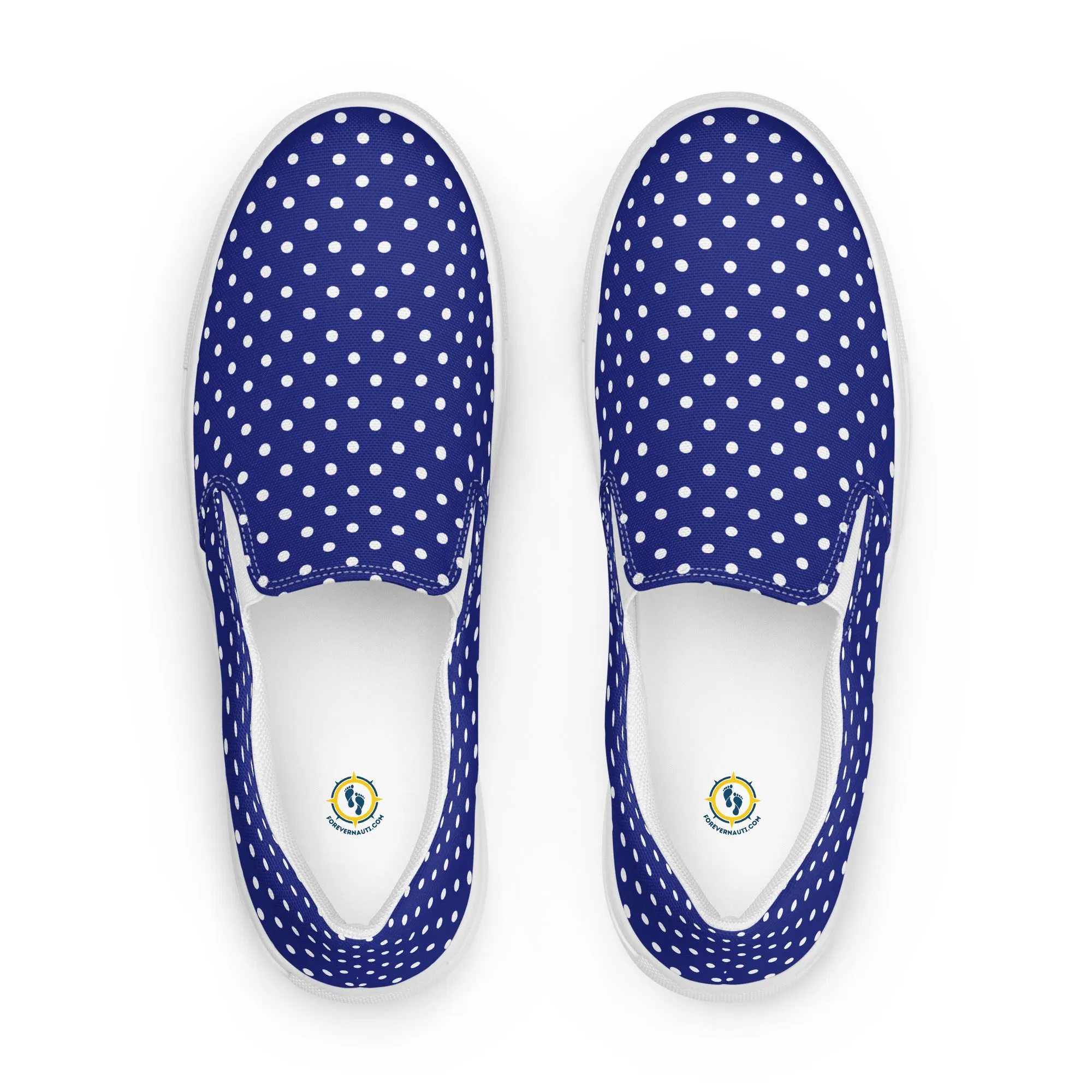 Women’s Navy Blue slip-on canvas shoes with White Polka Dots, Summer Cruising Shoes
