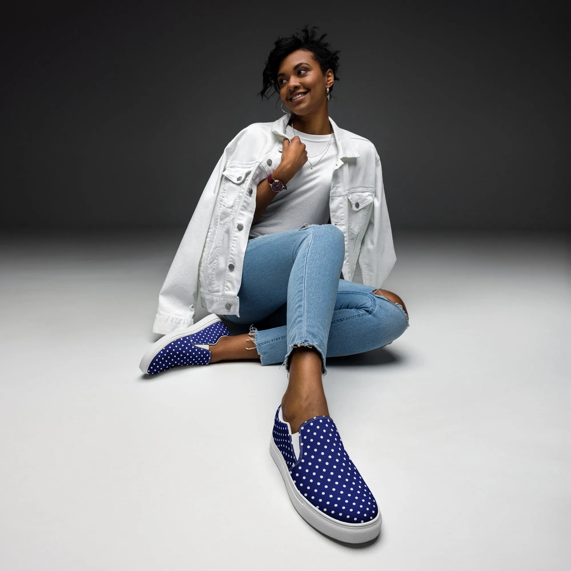 Women’s Navy Blue slip-on canvas shoes with White Polka Dots, Summer Cruising Shoes