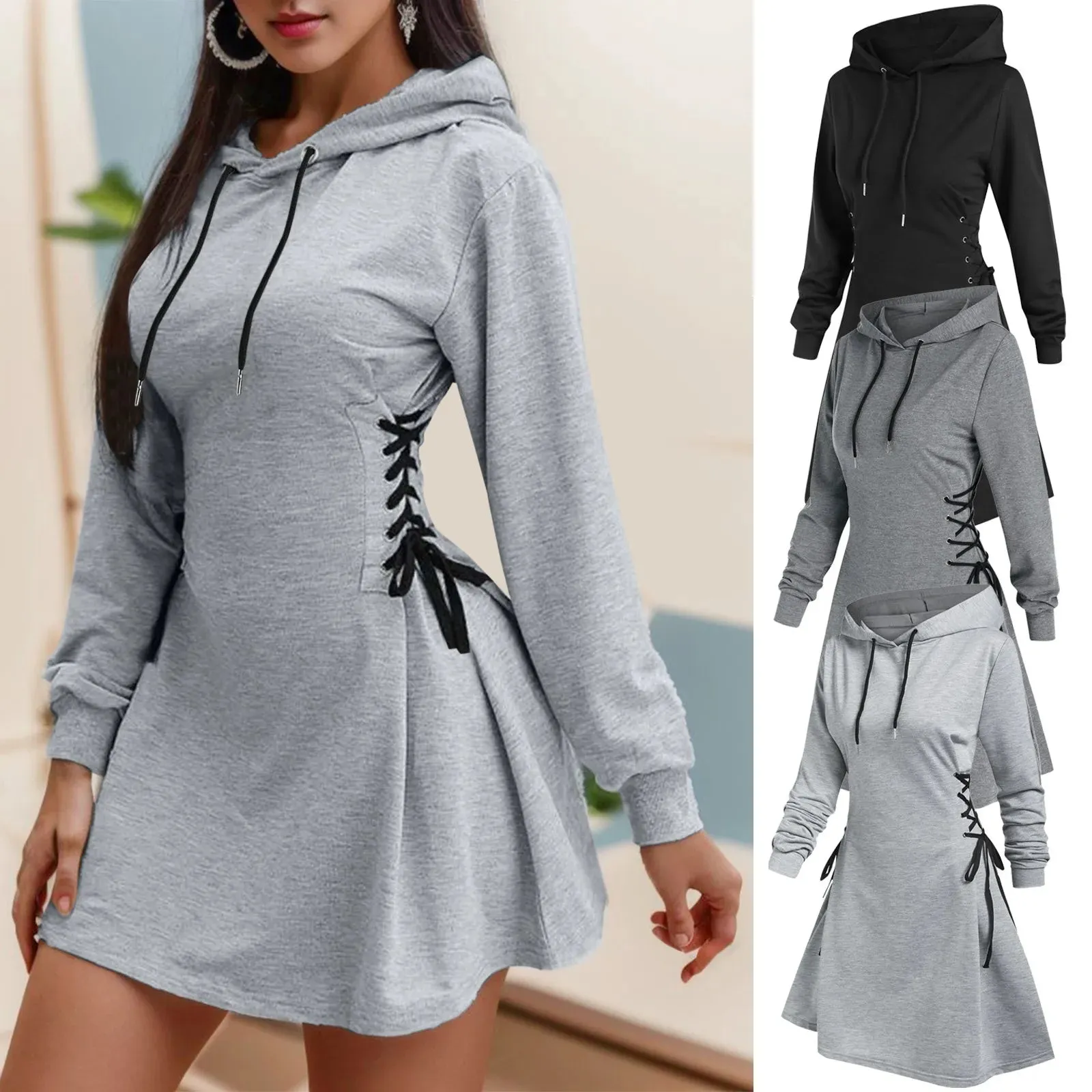Women’s Tie Waist Mini Hoodie Dress, V Neck, Long Sleeve, Slim Fit (S-XXL)