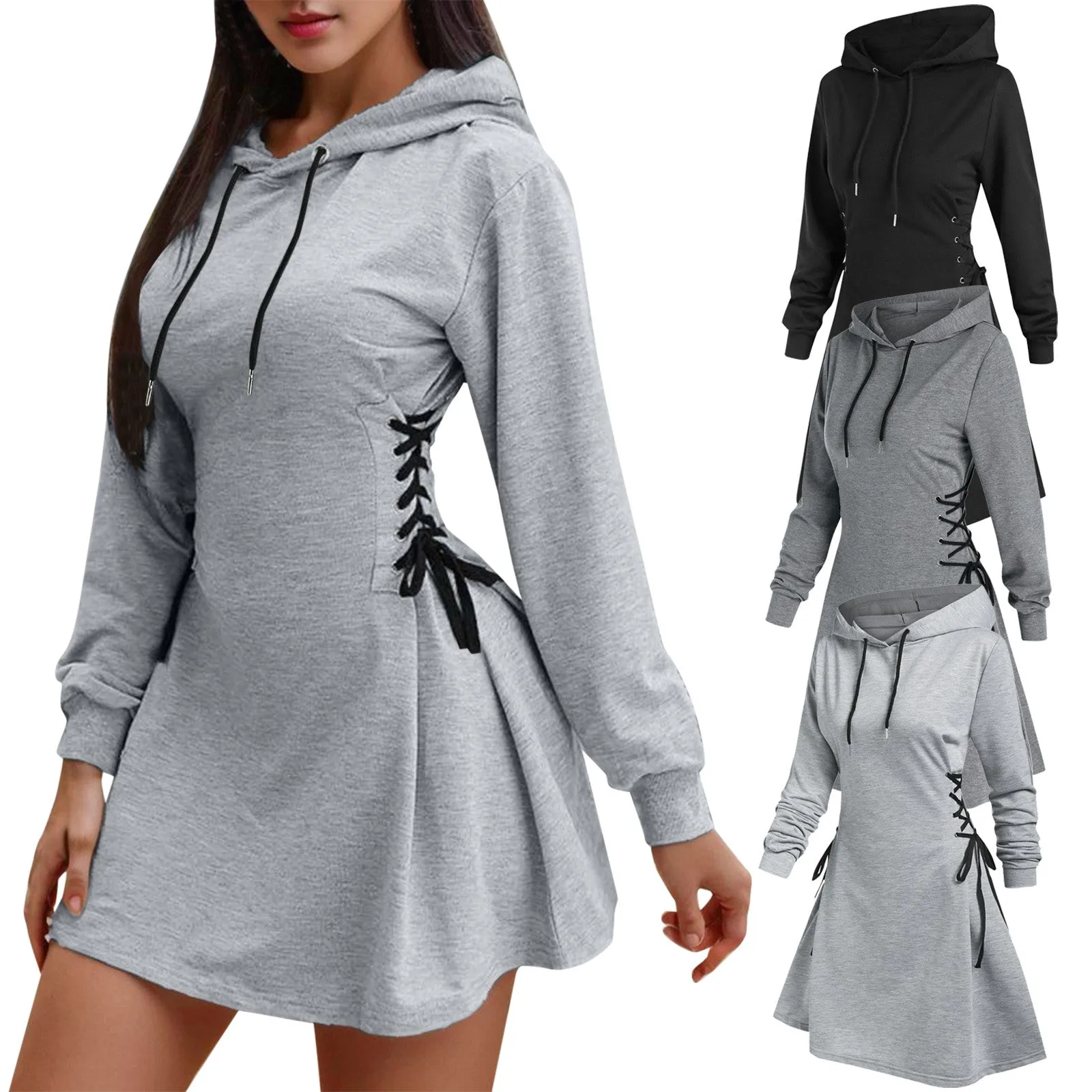 Women’s Tie Waist Mini Hoodie Dress, V Neck, Long Sleeve, Slim Fit (S-XXL)