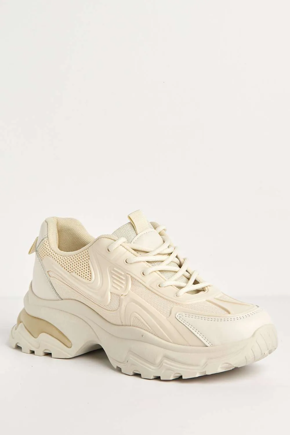 Yug Chunky Sole Lace-Up Trainers in Beige