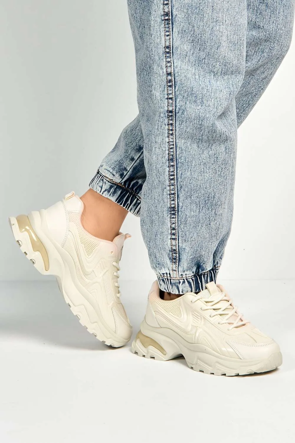 Yug Chunky Sole Lace-Up Trainers in Beige